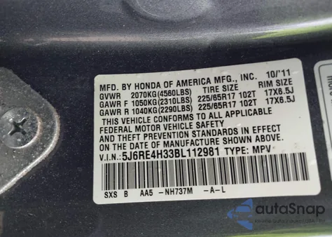 2011 Honda Cr-V Lx z USA, uszkodzony, nr VIN 5J6RE4H33BL112981